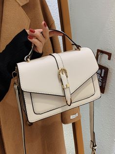 White    PU Leather   Embellished   Women Bags Mini Hand Bag, Bags For Teens, Adjustable Bag, Elegant Bags, Classic Handbags, Casual Belt, Satchel Bag, Bag Handle, Stylish Bag