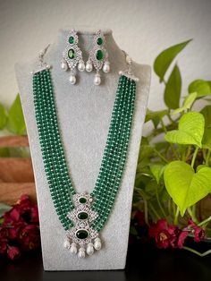 Grand Victorian long Diamond Necklace / Green beaded Indian Jewelry / Pakistani Jewelry / Silver finished Necklace /Sabyasachi Jewelry Long Diamond Necklace, Sabyasachi Jewelry, Jewelry Pakistani, Sabyasachi Jewellery, Beautiful Anklet, Pakistani Jewelry, Cubic Zirconia Jewelry, Necklace Green, Green Necklace