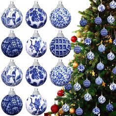 PRICES MAY VARY. Chinoiserie Original Design: immerse your holiday decor in the timeless beauty of chinoiserie artistry, these 48 exquisite chinoiserie Christmas ornaments feature an enchanting blue and white pattern, inspired by the traditional motifs of East Asian design; Indulge in a touch of sophistication that will elevate your Christmas decorations to a different level of elegance Quality Materials: these Chinese Christmas ornaments are made with quality foam and covered in polyester fabri Christmas Tree With Navy Blue And Gold Irnaments, Blue White Gold Xmas Tree, Gold And Blue Chritmas Tree, Christmas Tree With Gold Silver White Blue, Navy Blue Burgundy Christmas Tree, Leopard And Navy Christmas Tree, Chinoiserie Copper Christmas Tree, Blue And White Christmas Tree Ornaments, Blue Christmas Tree With White Ornaments