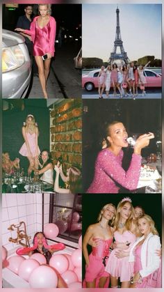 the collage shows photos of women in pink dresses and balloons, including a car