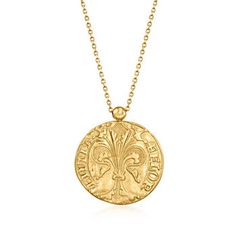 Ross-Simons - Italian 14kt Yellow Gold St. John, Fleur-De-Lis Reversible Pendant Necklace. A glorious treasure from Italy! This meaningful reversible pendant necklace depicts St. John the Baptist, patron Saint of Florence, on one side, and a timeless fleur-de-lis design on the other. Finely crafted in textured and polished 14kt yellow gold. Suspends from a cable chain that adjusts up to 22". Two reverent symbols to style into your everyday ensembles. Lobster clasp, 14kt yellow gold St. John and Fine Jewelry Medallion Necklace With Large Pendant, Fine Jewelry Necklace With Large Medallion Pendant, Luxury Engraved Coin Pendant Necklace, Luxury Large Medallion Necklace, Timeless Necklace With Detachable Medallion Pendant, Classic Yellow Gold Medallion Necklace, Classic Yellow Gold Coin Pendant Necklace, Timeless Medallion Necklace With Detachable Pendant, Classic Gold Necklaces With Large Pendant