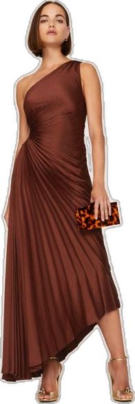 Brown A-line Midi Dress For Evening, Brown Pleated Party Dress, Brown Pleated Evening Dress, Chic Sleeveless Satin Prom Dress, Chic Satin Sleeveless Dress For Prom, Chic Lined Midi Dress For Prom, Brown A-line Midi Dress For Party, Satin A-line Sleeveless Evening Dress, Evening Satin Sleeveless A-line Dress