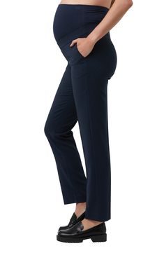 These polished maternity pants are an essential workday staple with their bump-cradling high waist and plenty of stretch for every stage of pregnancy. Over-the-bump waistband Front slant pockets 96% polyester, 4% elastane Hand wash, line dry Imported Fitted Maternity Pants, Maternity Straight Leg Bottoms, Maternity Stretch Bottoms, Maternity Wear Straight Leg Bottoms, Bump Friendly Straight Leg Maternity Bottoms, Bump Friendly Maternity Bottoms With Straight Leg, Bump-friendly Straight Leg Maternity Bottoms, Maternity Pants With Elastic Waistband, Pregnancy Pants