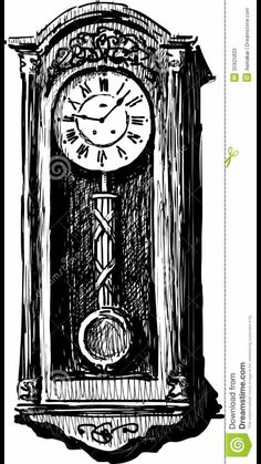 an ink drawing of a clock with the time on it's face and hands