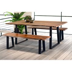 a wooden table with two benches and a potted plant