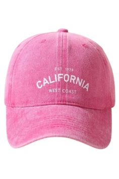 This vintage washed pink Baseball Cap is a classic statement piece. Show off your style with the West Coast California EST. 1978 writing. Washed for a vintage look and feel, this cap is perfect for any California fan. 🧢 One Size Fits All (22 inches): Enjoy the perfect fit with our one-size cap, designed to suit a 22-inch circumference. This classic California baseball cap is made with quality materials for a comfortable fit. With its stylish design and adjustable back. This cap is the perfect accessory for any outdoor event! Vintage Washed Hats For Summer, Vintage Washed Summer Hats, Vintage Baseball Cap For Summer Streetwear, Vintage Summer Streetwear Baseball Cap, Retro Pink Cotton Hat, Vintage Distressed Dad Hat Baseball Cap, Vintage Distressed Snapback Dad Hat, Vintage Summer Dad Hat One Size, Vintage Dad Hat For Summer