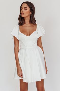 Shop the Tamelia Flutter Sleeve Mini Dress White | Selfie Leslie A-line Mini Dress With Ruffles And Fitted Bodice, Flirty A-line Mini Dress With Lined Bodice, Flirty A-line Flowy Mini Dress, Lined Bodice Mini Dress For Bridesmaids, Flirty A-line Dress With Lined Bodice, Flirty A-line Dress With Pleated Bodice, A-line Fit And Flare Mini Dress For Garden Party, Flirty Fit And Flare Dress With Square Neck, Spring Dress With Fitted Bodice And Flutter Sleeves