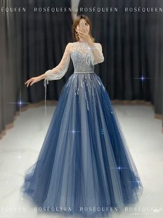 Blue Wedding Gowns With Sleeves, Blue Dress Aesthetic Royal, Fairy Gown Prom, Fantasy Ball Dress, Fantasy Ballgowns, Frozen Gown, Printed Frocks For Women, Frock Suit Ideas, Bianca Core