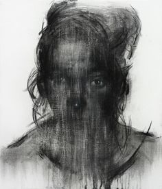 a black and white drawing of a woman's face with hair blowing in the wind