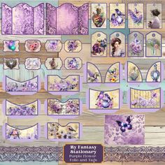 an assortment of purple and white paper with pictures on it, including butterflies, flowers, and other decorative items