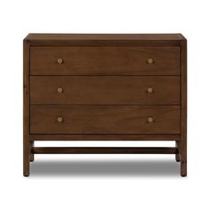 the chest of drawers is made from wood and has brass knobs on each drawer