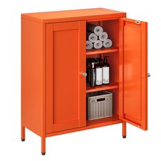 an orange cabinet with several rolls of toilet paper on it's doors and shelves