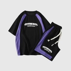 Material: 100% Polyester.Features: Set, tee, shorts, short sleeves, color contrast, drawstring waist, high waist, wide-leg, racing style, loose.Style: Casual, sports Streetwear Tshirt Design, Tshirt Set, Costume Bags, Races Style, Tee Shorts, Outwear Coat, Mens Pants Fashion, Streetwear Tshirt, Sports Tees