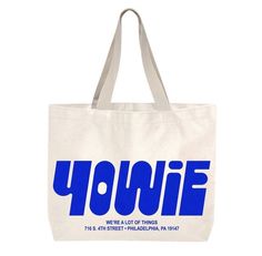 a white tote bag with the words youlife printed on it and blue letters