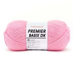 a pink ball of yarn on a white background with the words, premier basix dk