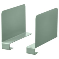 two silver metal shelf brackets are shown against a white background and one is facing the opposite direction