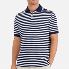 For An Additional 30 Percent Off, Just Bundle 3+ Items! The Discount Will Automatically Be Applied At Checkout! Free Shipping With Orders Over $50! Club Room Makes A Beautiful Line Of Polo Shirts. This Navy Blue And White Striped Polo Is From That Collection. There Are 2 Buttons In Front With Vents On Each Side At The Hem For Added Comfort. Comes With An Extra Button. The Body Of The Shirt Is Striped. The Collar And Cuffs Are Solid. Made Of 60 Percent Cotton And 40 Percent Polyester. Made In Mad Navy Cotton Polo Shirt, Navy Cotton Polo Shirt For Spring, Spring Navy Cotton Polo Shirt, 30 Percent Off, Room Blue, Mens Club, Club Room, Beautiful Lines, Collar And Cuff