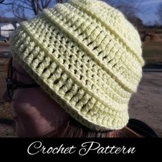 a woman wearing a crochet hat with the words crochet pattern on it