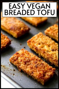 easy vegan breaded tofu recipe on a baking sheet with text overlay