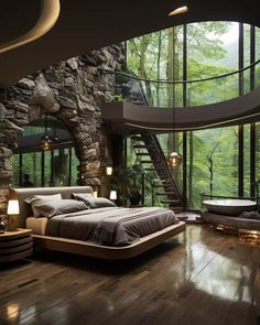 a bedroom with a spiral staircase leading up to the second floor and a bed in front of it