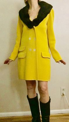 Decadencefashion Vintage Womenswear 1950s/1960s LE ROY  Sweater Coat Jacket  *canary yellow *fur collar, stitched on but can be removed *small notched collar under fur *2 front flap pockets *double breast button up *back waist belt with button design *large faux pearl buttons Modern Size - S/M Model Size Reference, 5'5", 36C / 29" / 36" Laid Flat Measurements Across Front,  double bust, waist, hip Bust - 18" Waist - 16" Hips - 19" Collar Width - 5" Sleeve, neck to wrist - 30" Back Length, neck to hem - 34" Back Shoulder Width - 14" Fabric - Wool / Fur collar Condition - Excellent True Vintage *wear a little bit of history* XOXOXOXOXOXOXOXOXOXOXOXOXOXO Instagram: decadence@decadencefashion Decadencefashion: Curated by searching out and carefully selecting fabulous vintage items in excellent Affordable Yellow Cotton Outerwear, Spring Vintage Outerwear, Vintage Fitted Outerwear With Double-breasted Buttons, Chic Vintage Spring Outerwear, Vintage Long Sleeve Double-breasted Outerwear, Vintage Double-breasted Pea Coat For Spring, Wool Pea Coat For Spring, Long Sleeve Outerwear With Button Closure In Vintage Style, Spring Wool Pea Coat With Buttons