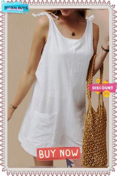 Pockets Sleeveless Casual Linen Romper Chic Sleeveless Summer Vest, Sleeveless Cotton Vest For Summer, White Casual Sleeveless Vest, Sleeveless Cotton Vest For Beach, Sleeveless Cotton Beach Vest, Sleeveless White Vest For The Beach, White Sleeveless Vest For The Beach, White Sleeveless Summer Vest, Spring Beach Tank Top With Pockets