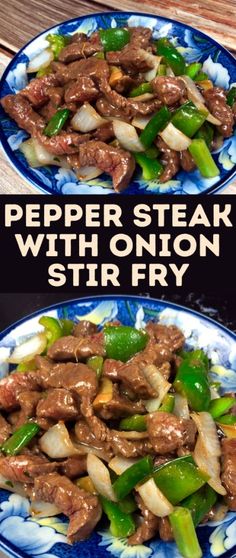 two plates filled with stir fry beef and onions on top of each other, next to the same plate