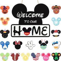 mickey mouse welcome to our home sign surrounded by cut outs and magnets on a white background