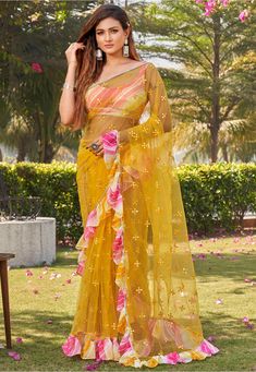 Sheer Trend, Faux Mirror, Mirror Work Saree, Net Blouse, Ruffle Saree, Net Saree