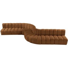 the curved couch is brown and has four seats on one side, while the rest of the