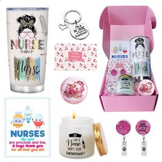 a pink gift box containing personal care items