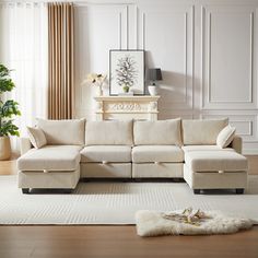 a living room with a sectional couch and white rug