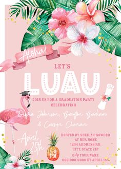 a pink and green tropical themed party with flamingos, flowers and pineapples