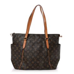 This is an authentic LOUIS VUITTON Monogram Totally MM. This tote is crafted of classic Louis Vuitton monogram-coated canvas. The bag features bucket pockets on either side, and vachetta cowhide leather trim and shoulder straps, with brass hardware. The top zipper opens the bag to a cocoa brown fabric interior with patch pockets. Classic Monogram Canvas Bucket Shoulder Bag, Monogram Canvas Bucket Bag With Leather Trim, Bucket Bags With Leather Trim And Monogram Canvas, Everyday Leather Shoulder Bag With Monogram Print, Leather Shoulder Bag With Monogram Print For Everyday, Brown Leather Shoulder Bag With Monogram Print, Travel Shoulder Bag With Monogram Print And Double Handle, Brown Monogram Canvas Shoulder Bag With Monogram Print, Elegant Shoulder Bag With Monogram Print And Coated Canvas