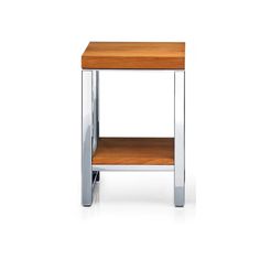 the side table is made out of metal and wood with a wooden shelf on top