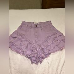 Never Worn Purple Jean Shorts Size Large Purple Pants Aesthetic, High Waist Cotton Bottoms With Ruffles, High Waist Cotton Ruffle Shorts, High-rise Summer Pants With Built-in Shorts, Stretch Purple Bottoms For Summer, Chic Purple Bottoms For Day Out, Trendy Purple Beach Bottoms, Trendy High Rise Bottoms With Ruffles, Chic High Waist Purple Bottoms