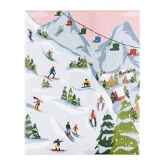 a painting of skiers skiing down a snowy mountain slope with houses and trees in the background