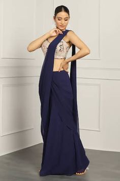 Navy blue draped sharara saree with pre-pleated pallu. Comes with resham, mirror and cutdana floral embroidered padded blouse. - Aza Fashions Embroidered Fitted Draped Saree, Embroidered Fitted Saree, Embroidered Draped Lehenga For Diwali, Diwali Embroidered Draped Lehenga, Fitted Georgette Sharara With Traditional Drape, Fitted Draped Sharara With Resham Embroidery, Embroidered Draped Fitted Lehenga, Fitted Palazzo Set With Traditional Drape For Reception, Fitted Palazzo Set For Reception With Traditional Drape