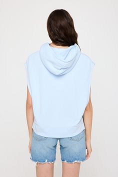 Haven sent. A hoodie with a dropped armhole and boxy fit. Made with a French Terry fabrication, it's the perfect blend of 75% cotton and 25% modal, creating an extra (extra) soft feel. | Haven Sleeveless Hoodie in Windsurf Spring Cotton Sweats In Athleisure Style, Hooded Cotton Top Athleisure Style, Hooded Cotton Tops For Athleisure, Cotton Hooded Top In Athleisure Style, Spring Cotton Stretch Sweats, Relaxed Cotton Activewear For Spring, Casual Cotton Tops With Drawstring Hood, Cotton Leisure Hoodie, Sleeveless Cotton Hoodie For Loungewear