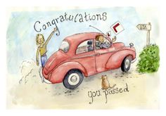 a drawing of two people in an old red car with the words congratulations you passed