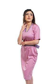 Women's dress: Pink Carnation Soft Dress for Multi events Easy Slip closure Bold V neck collar Belt for more comforts Pockets at both sides Size    Bust   Waist Length  Hips Across         Sleeve                                                                         Shoulder        Length L  40.0    36.0    36.0      42.0  15.0         18.0 Ind    S            M              L              XL US     4            6               8             10 Fabric Cotton glaze soft Care: Dry cleaning recommendation  Care: Dry cleaning recommended Pink Fitted V-neck Dress With Short Sleeves, Elegant Pink Knee-length V-neck Dress, Fitted Knee-length Pink V-neck Dress, Pink Fitted Knee-length V-neck Dress, Elegant Pink Short Sleeve V-neck Dress, Elegant Pink V-neck Short Sleeve Dress, Pink Knee-length Workwear Dress, Pink V-neck Dress For Summer Formal Occasions, Pink V-neck Dress For Summer Formal Events