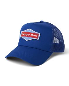 the happy dad trucker hat in blue with red and white patch on the front