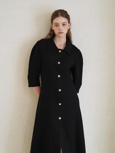 Composition : POLYESTER 46 RAYON 53 SPAN 1Color : BLACK SMALL,BLACK MEDIUMCountry of Origin : KOREA Black Semi-formal Midi Dress With Buttons, Black Buttoned Midi Dress For Semi-formal Occasions, Semi-formal Black Midi Dress With Buttons, Black Short Sleeve Midi Dress For Semi-formal, Black Short Sleeve Midi Dress For Semi-formal Occasions, Black Buttoned Midi Dress For Work, Black Structured Semi-formal Dress, Black Midi Dress With Buttons For Work, Semi-formal Black Dress With Buttons