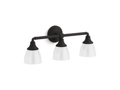 three light bathroom fixture with black finish and white glass shades on the bulbs, in an old - fashioned style