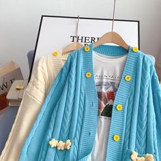 Style: commuting Size: one size Color: off white, light blue, sapphire blue Light Blue Sapphire, Cardigan Knitted, Knitted Coat, Sapphire Blue, White Light, Knit Cardigan, Blue Sapphire, Sweater Cardigan, Sapphire