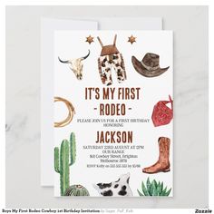 an image of a birthday card with cowboy hats and cactuses on it's first rodeo