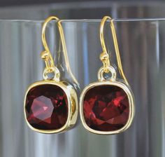 Rich Burgundy Square Swarovski Crystals Set in by CJRoseBoutique Classic Gold Crystal Earrings With Ear Wire, Classic Gold Crystal Earrings Gift, Classic Gold Crystal Earrings For Gift, Gold Crystal Earrings With Ear Wire For Formal Events, Gold Crystal Earrings With Ear Wire For Formal Occasions, Gold Crystal Ear Wire Earrings For Formal Occasions, Gold Party Earrings With Birthstone, Gold Drop Earrings With Birthstone, Gold Nickel-free Crystal Earrings For Anniversary