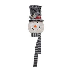 a snowman wearing a top hat and scarf with a striped scarf around it's neck