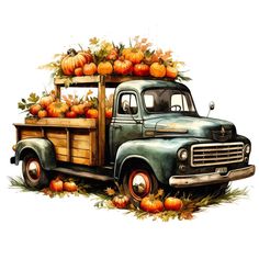 an old truck with pumpkins on the back