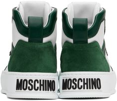 High-top buffed calfskin, grained calfskin, and calfskin suede sneakers in white and green. · Perforated detailing throughout · Lace-up closure · Logo patch at padded tongue · Padded collar · Logo flag at outer side · Pull-loop at heel tab · Rubberized logo patch at heel · Treaded rubber platform sole · Platform: H1.75 Supplier color: White/Green Green Leather Sneakers With Embossed Logo, Green Sneakers With Contrast Sole In Calf Leather, Green Calf Leather Sneakers With Contrast Sole, Green Calf Leather Sneakers With Round Toe, Green Calf Leather Sneakers With Rubber Sole, Green Casual Calf Leather Sneakers, Green High-top Sneakers With Rubber Heel Cap, Green Sporty High-top Sneakers With Rubber Heel Cap, Sporty Green High-top Sneakers With Rubber Heel Cap